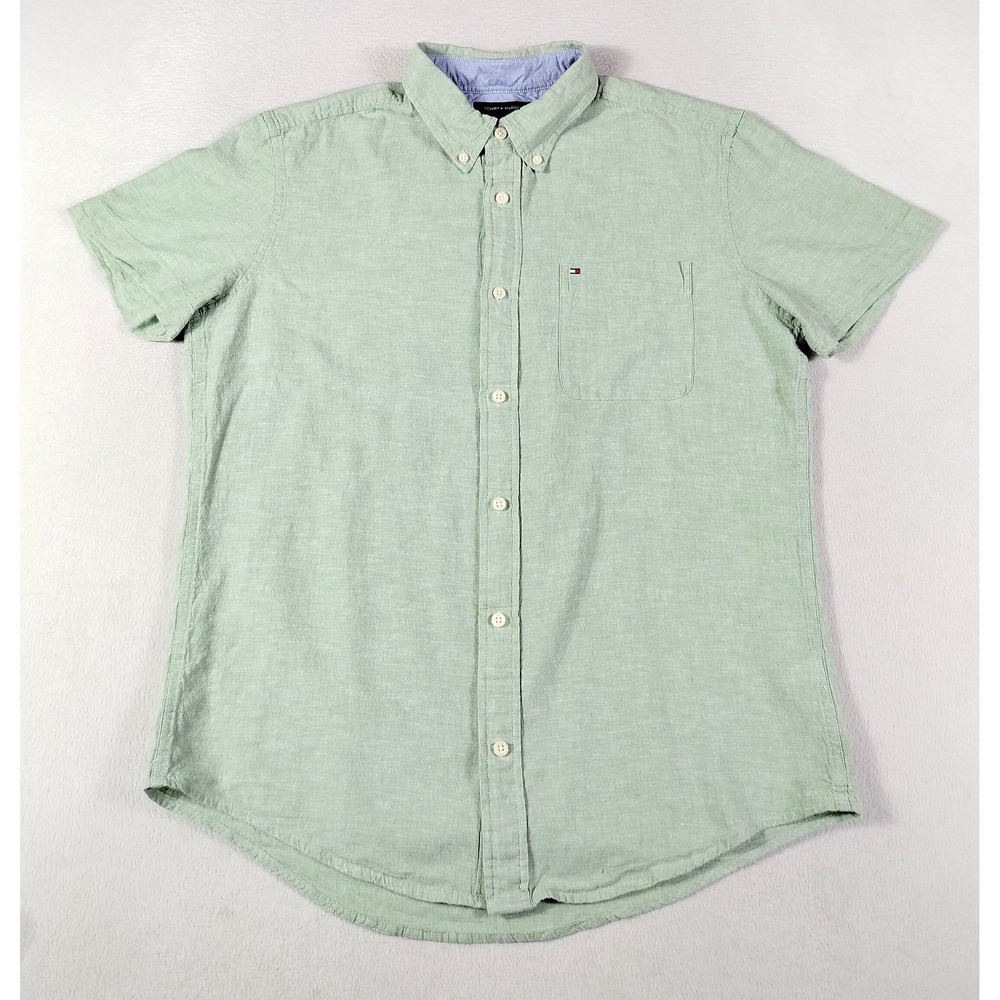 Tommy Hilfiger Button Down Men Large Green Linen Blend Short Sleeve Pocket Shirt